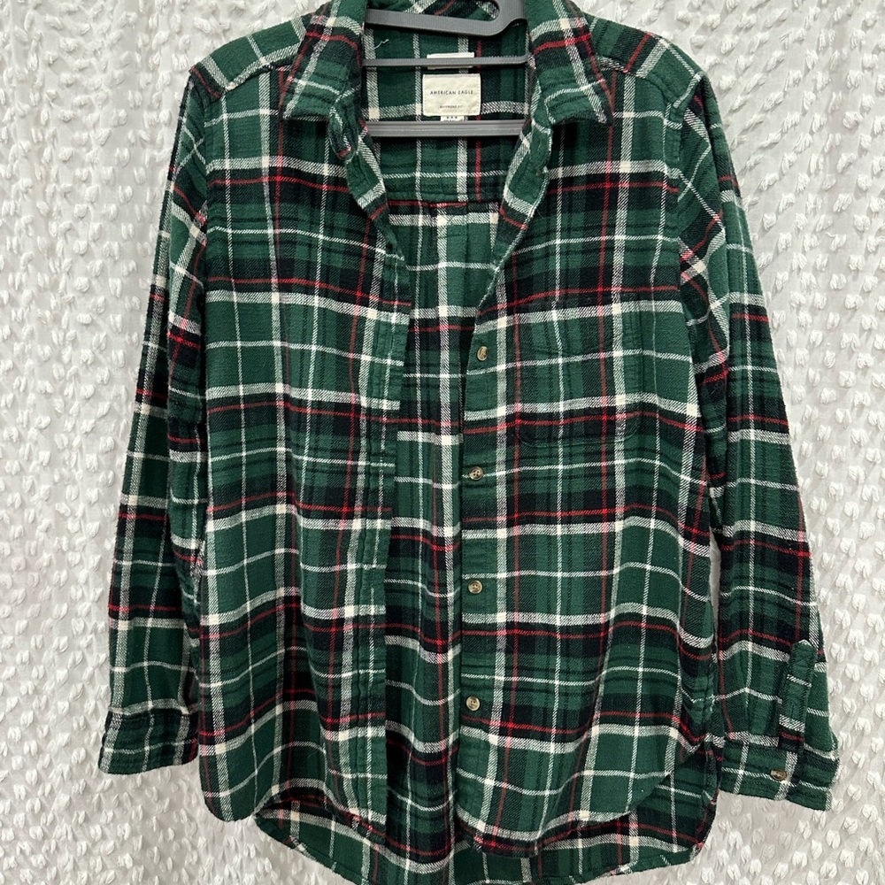 American Eagle Boyfriend Fit Green Plaid Flannel Shirt
